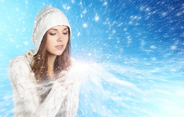 Картинка девушка, снег, капюшон, шатенка