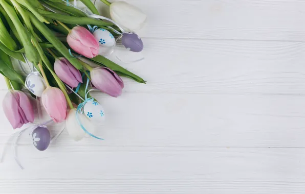 Картинка цветы, яйца, Пасха, тюльпаны, wood, pink, flowers, tulips