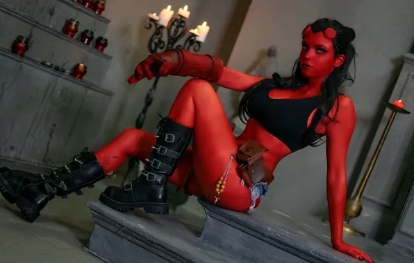 Девушка, брюнетка, красивая, косплей, cosplay, Hellboy, Хеллбой