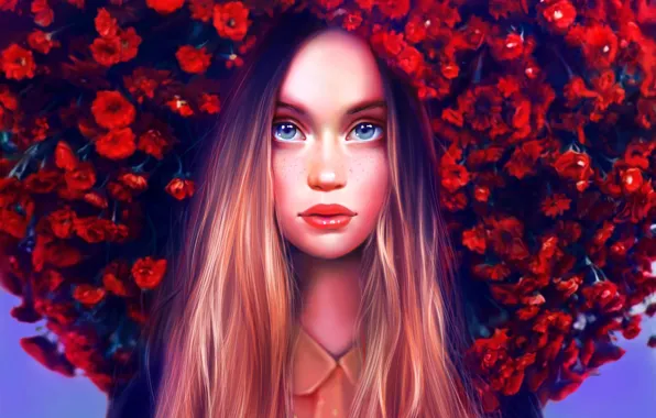 Картинка Girl, Beautiful, Art, Flowers, Eyes, Face, Lips, Maka Zedelashvili
