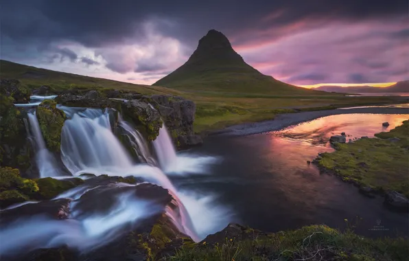 Пейзаж, закат, природа, гора, водопад, Исландия, Киркьюфелл
