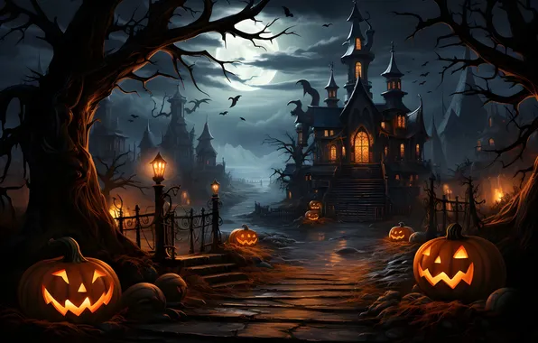 Картинка Дома, Огни, Ночь, Деревья, Луна, Тучи, Тыквы, Halloween