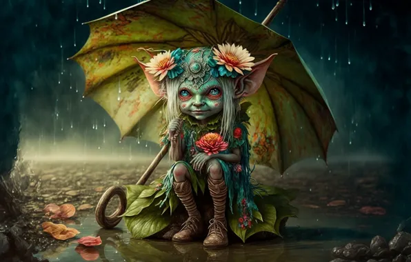 Взгляд, вода, капли, цветы, рендеринг, дождь, эльф, графика
