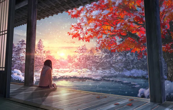 Девушка, мечты, аниме, одна, лучи солнца, водоем, anime, winter