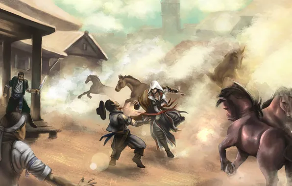 Картинка дым, деревня, лошади, бандиты, assassins creed