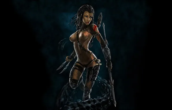 Девушка, сеть, кровь, минимализм, хищник, копье, Predator, клинки