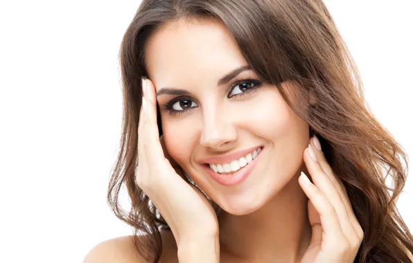 Картинка портрет, руки, макияж, шатенка, длинные волосы