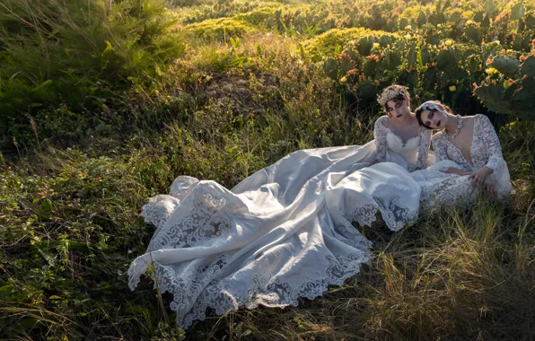 Картинка трава, поза, стиль, настроение, кактусы, две девушки, модели, свадебное платье