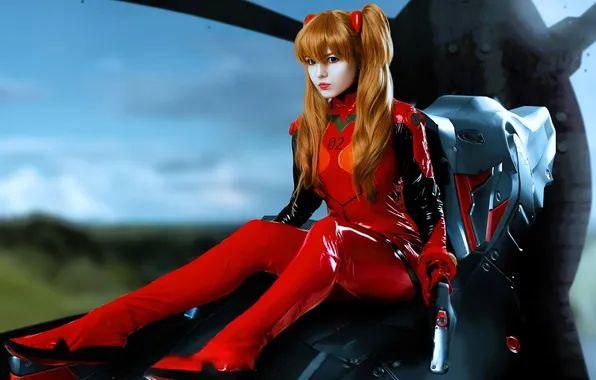 Кресло, костюм, наряд, образ, рыжая, косплей, Evangelion