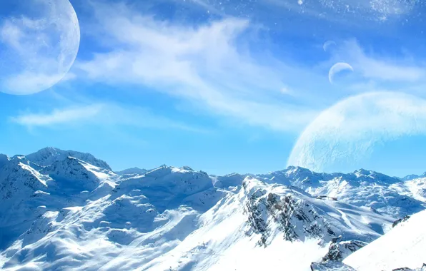 Картинка холод, небо, снег, горы, луна, планеты