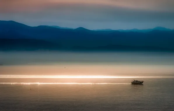 Sea, sunset, evening, yacht, bay, silhouette, Kvarner