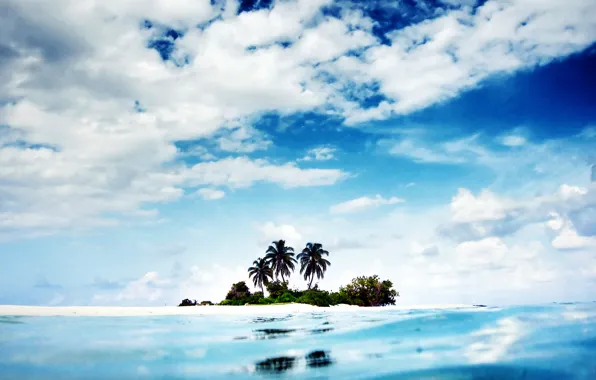 Картинка небо, вода, облака, пейзаж, пальмы, океан, остров, Природа