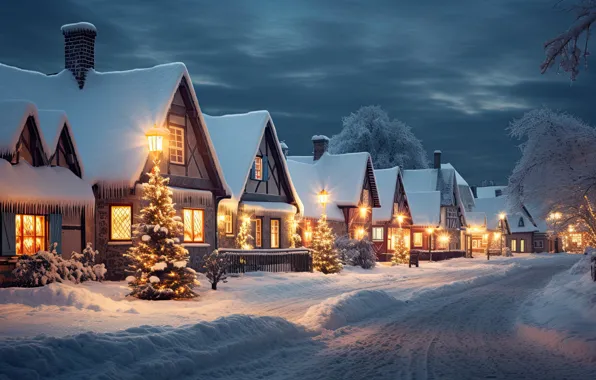 Зима, снег, украшения, ночь, город, lights, улица, елка