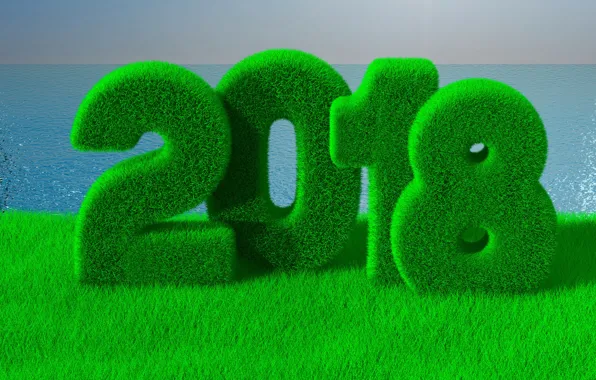 Картинка море, зелень, трава, рендеринг, новый год, рождество, горизонт, цифры