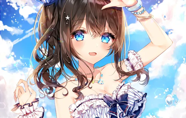Girl, sexy, cleavage, long hair, brown hair, boobs, anime, blue eyes