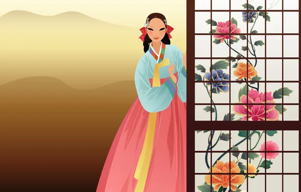 Картинка девушка, цветы, арт, азиатка, ханбок
