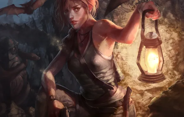 Картинка взгляд, лицо, пистолет, майка, арт, фонарь, летучие мыши, Lara Croft