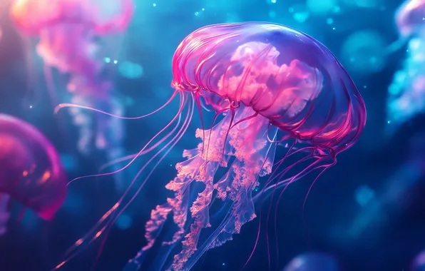 Океан, медуза, свечение, colorful, красочно, jellyfish, glowing, pink and blue