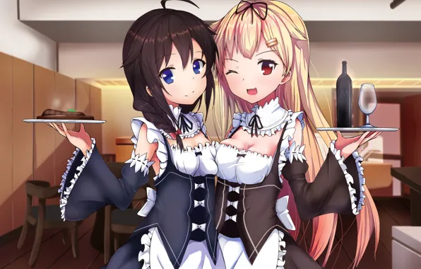 Girl, umbrella, anime, brunette, blonde, japanese, maid, bishojo