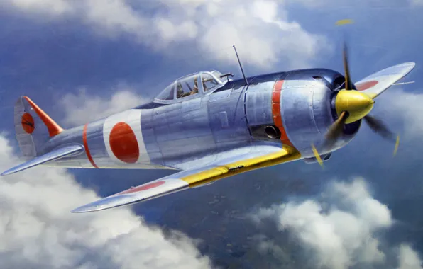 Картинка war, art, airplane, painting, aviation, ww2, japanese fighter, Nakajima Ki-44 Shoki (Tojo)