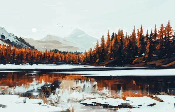 Картинка Природа, Зима, Рисунок, Озеро, Снег, Лес, Serenity, Aenami