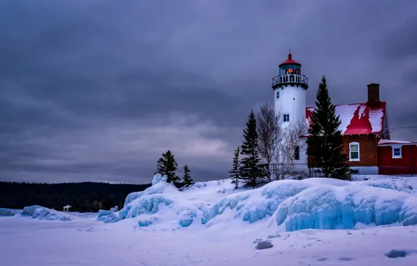 Картинка зима, снег, пейзаж, озеро, маяк, лёд, Мичиган, США