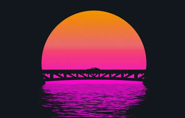 Картинка Закат, Солнце, Мост, Музыка, Силуэт, Фон, 80s, Neon