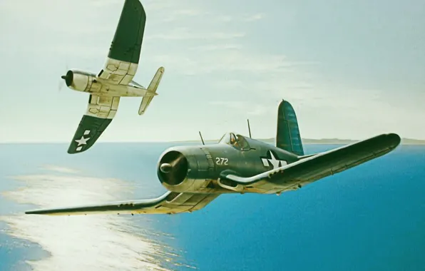 Картинка war, painting, aviation, drawing, ww2, Pacific Warriors, Vought F4U Corsair