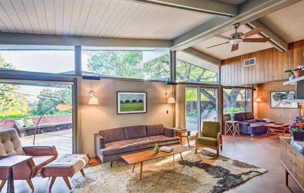 Дизайн, интерьер, гостиная, mid-century modern, Brentwood House