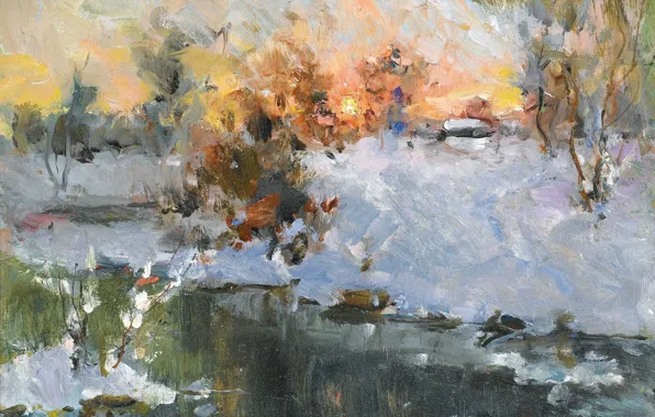 Природа, картина, Георгий Лапшин, Зимний Пейзаж на Закате, Georgy Lapshin