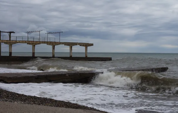 Море, волны, небо, тучи, пасмурно, Россия, Stan, заброшенный пирс