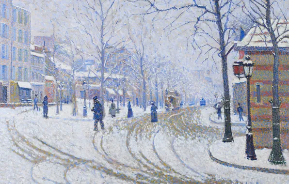 Зима, картина, городской пейзаж, Поль Синьяк, Снег. Бульвар Клиши. Париж