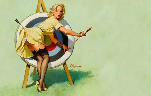 Ретро, рисунок, чулки, платье, блондинка, стрела, мишень, pin-up