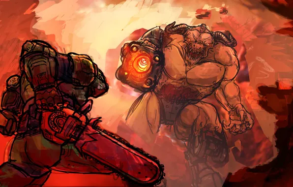 Demon, soldier, shotgun, fan art, DOOM, chainsaw