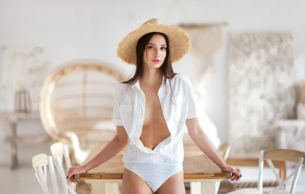 Картинка model, women, brunette, open clothes, table, standing, indoors, Maxim Maximov