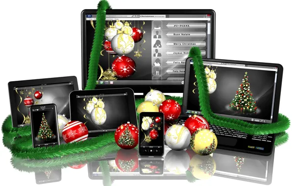 Картинка отражение, праздник, шары, новый год, белый фон, ноутбук, монитор, мишура