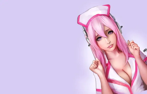 Картинка girl, cleavage, pink hair, minimalism, breast, anime, headphones, purple eyes