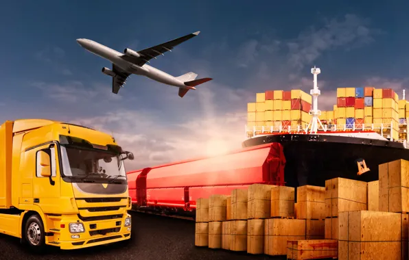 Картинка небо, красный, жёлтый, корабль, фотошоп, поезд, порт, грузовик