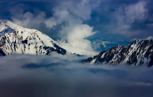 Зима, снег, горы, winter, mountains, clouds, snow, train