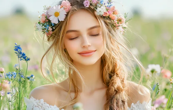 Поле, лето, взгляд, девушка, мечты, цветы, природа, поза