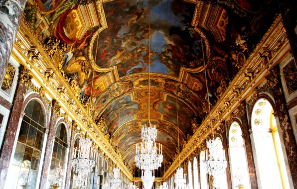 Картинка Франция, окно, люстра, фреска, Версаль, Зеркальная галерея