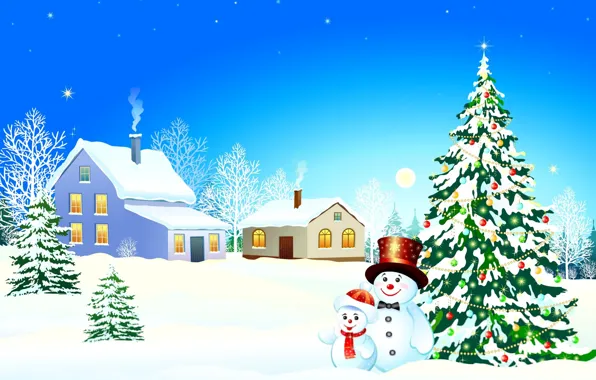 Картинка зима, снег, окна, дома, звёзды, сугробы, снеговик, ёлка