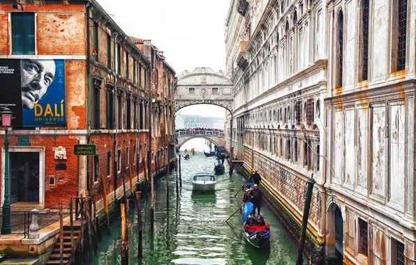 Дома, лодки, Венеция, канал, мост вздохов
