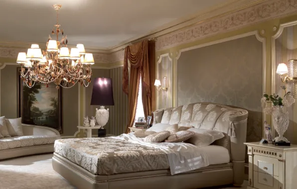 Кровать, розы, интерьер, картина, люстра, ваза, шторы, спальня