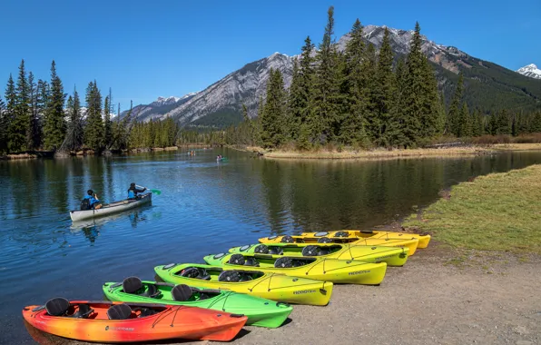 Лес, деревья, горы, река, лодки, Канада, Альберта, Banff National Park