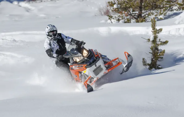 Картинка оранжевый, Снег, Snow, снегоход, Polaris, snowmobile, Полярис