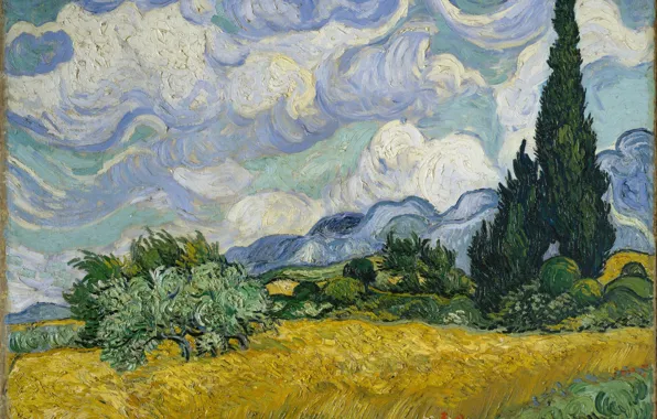 Картинка картина маслом, Винсент Ван Гог, Vincent Van Gogh, Wheat Field with Cypresses, Пшеничное поле с …