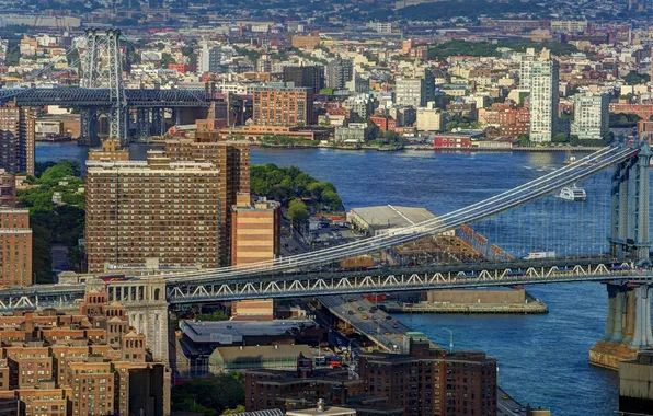 Здания, Нью-Йорк, панорама, мосты, New York City, Manhattan Bridge, Манхэттенский мост, East River