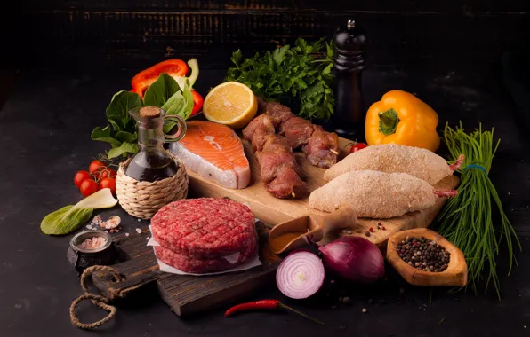 Лимон, рыба, лук, мясо, овощи, шашлык, специи, ассорти