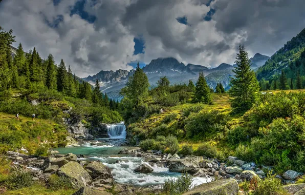Картинка деревья, горы, ручей, водопад, долина, Альпы, Италия, речка